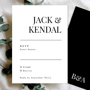 Tarjeta De Confirmación De Asistencia Elegante Boda de Monograma simple en blanco y negr