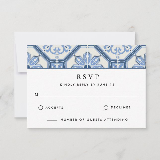 Tarjeta De Confirmación De Asistencia Elegante Boda de mosaico griego azul (Anverso)