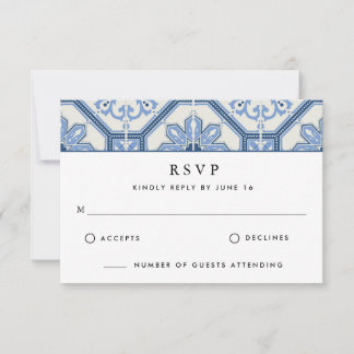 Tarjeta De Confirmación De Asistencia Elegante Boda de mosaico griego azul