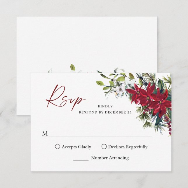 Tarjeta De Confirmación De Asistencia Elegante Boda de Navidades de la Poinsettia Roja (Anverso / Reverso)