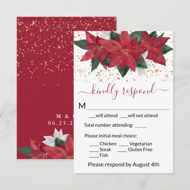 Tarjeta De Confirmación De Asistencia Elegante Boda de Navidades de Poinsettia (Anverso / Reverso)
