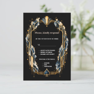 Tarjeta De Confirmación De Asistencia Elegante Boda de Noche de Casino Art Déco en Oro N