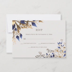 Tarjeta De Confirmación De Asistencia Elegante Boda de oro azul de hojas de vegetación
