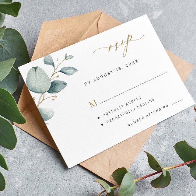 Tarjeta De Confirmación De Asistencia Elegante boda de oro de eucalipto verde (Subido por el creador)