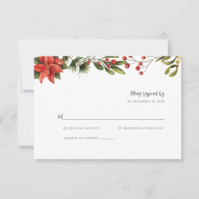 Tarjeta De Confirmación De Asistencia Elegante Boda de Poinsettia Red Greenery (Anverso)