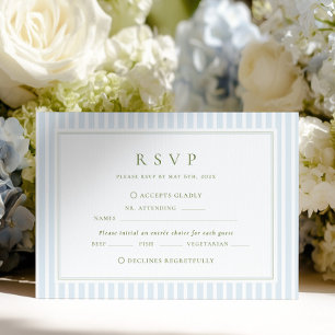 Tarjeta De Confirmación De Asistencia Elegante Boda de Rayas Azules y Salvia
