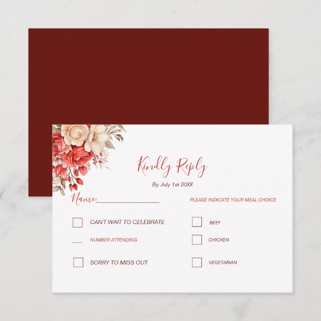 Tarjeta De Confirmación De Asistencia Elegante Boda de Rosa rojo e marfil (Anverso / Reverso)