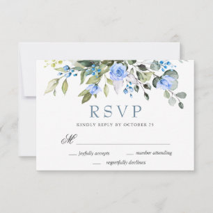 Tarjeta De Confirmación De Asistencia Elegante Boda de Rosas Eucalyptus Blue