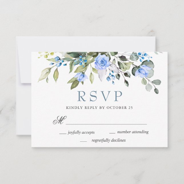 Tarjeta De Confirmación De Asistencia Elegante Boda de Rosas Eucalyptus Blue (Anverso)