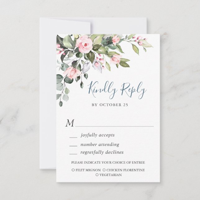 Tarjeta De Confirmación De Asistencia Elegante Boda de Rosas Eucalyptus Pink Rubor (Anverso)