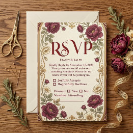 Tarjeta De Confirmación De Asistencia Elegante Boda de Rosas Rojas Vino Dorado Suave Mar