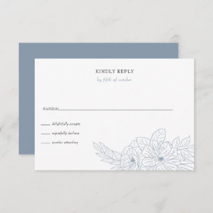 Tarjeta De Confirmación De Asistencia Elegante Boda de sketch floral Dusty Blue Minimal