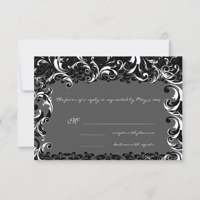 Tarjeta De Confirmación De Asistencia Elegante Boda de Swirl Blanco y Negro (Reverso)
