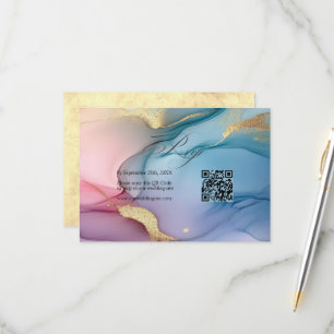 Tarjeta De Confirmación De Asistencia Elegante Boda de Tinta Fluyente Rosa, Azul y Dorad