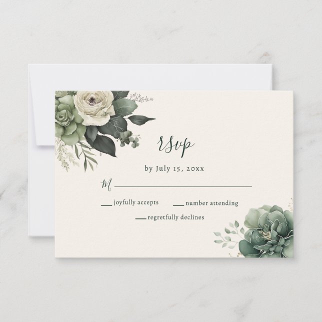 Tarjeta De Confirmación De Asistencia Elegante Boda de Vegetación Floral de Marfil Sage (Anverso)
