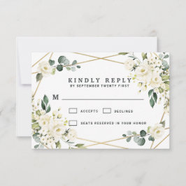 Tarjeta De Confirmación De Asistencia Elegante Boda de Verdor Geométrico Floral Oro