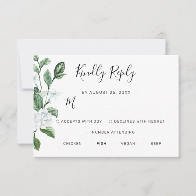 Tarjeta De Confirmación De Asistencia Elegante Boda de Wreath floral blanco (Anverso)