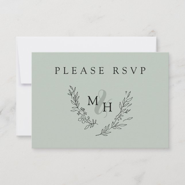Tarjeta De Confirmación De Asistencia Elegante Boda de Wreath Sage monograma (Anverso)