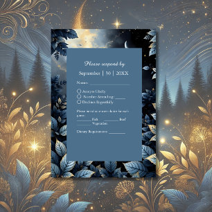 Tarjeta De Confirmación De Asistencia Elegante Boda del Bosque Azul y Oro de Medianoche