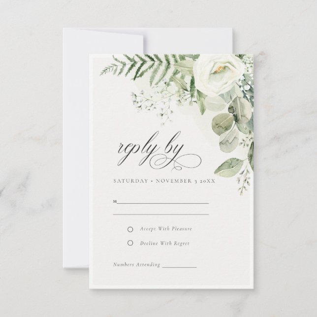 Tarjeta De Confirmación De Asistencia Elegante Boda del Foliage Fern Eucalyptus Greenery (Anverso)