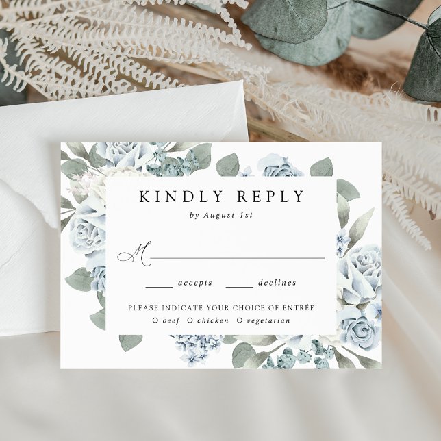 Tarjeta De Confirmación De Asistencia Elegante Boda Dusty Blue Floral Elección de comida (Subido por el creador)