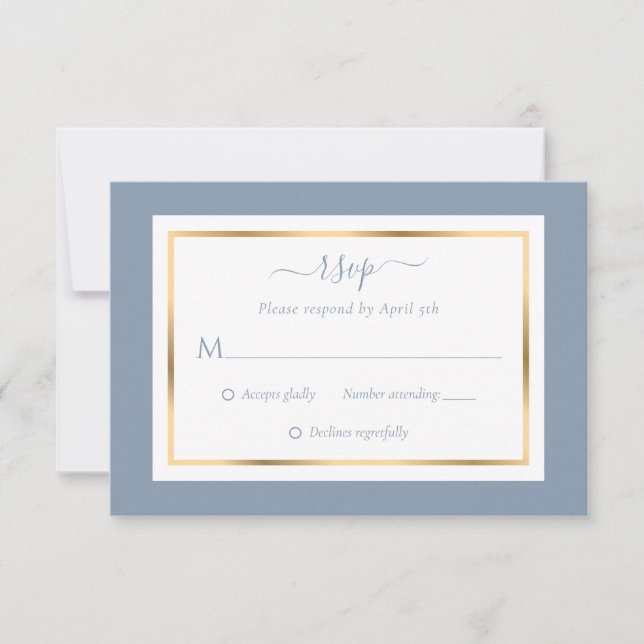 Tarjeta De Confirmación De Asistencia Elegante Boda Dusty Blue y Gold (Anverso)