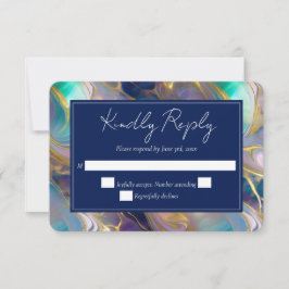 Tarjeta De Confirmación De Asistencia Elegante Boda Faux Gold y Blue Opal Stone