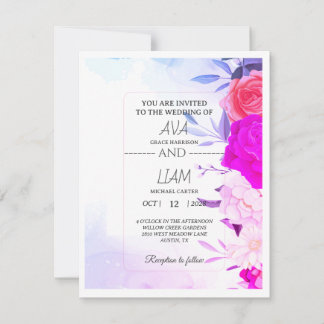Tarjeta De Confirmación De Asistencia Elegante Boda Floral Acuarela Turquesa Azul