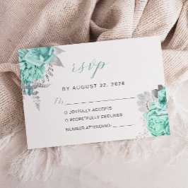 Tarjeta De Confirmación De Asistencia Elegante Boda Floral Aqua Silver Script