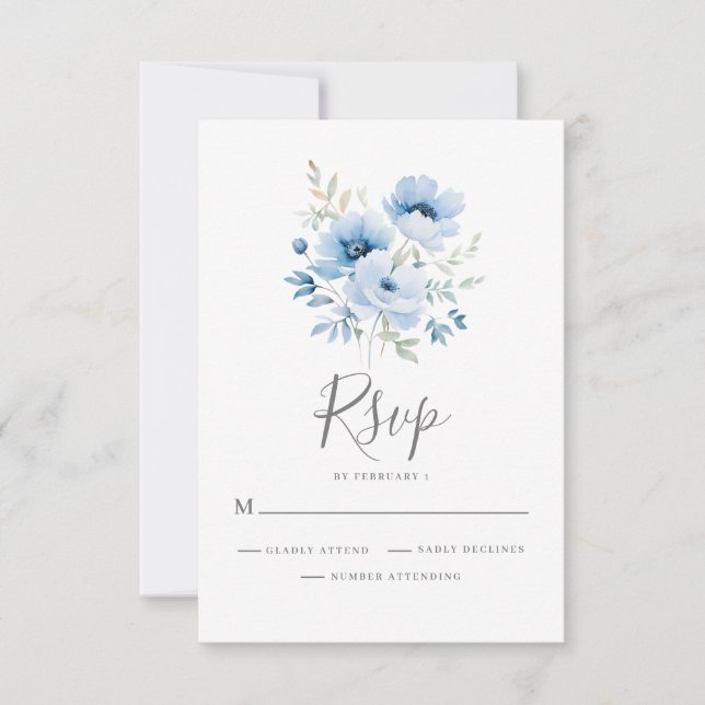 Tarjeta De Confirmación De Asistencia Elegante Boda floral azul (Anverso)