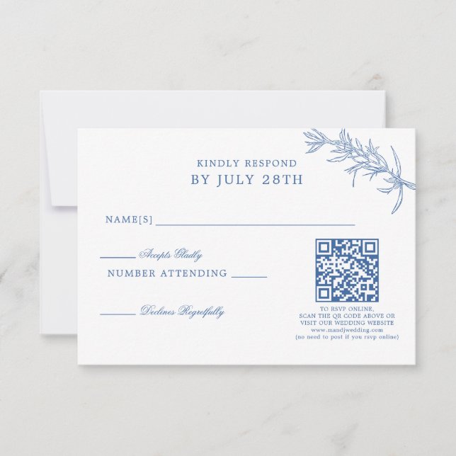 Tarjeta De Confirmación De Asistencia Elegante Boda Floral Azul Azul Clásico Código QR (Anverso)