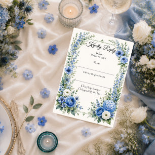 Tarjeta De Confirmación De Asistencia Elegante Boda Floral Azul Polvoriento