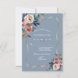 Tarjeta De Confirmación De Asistencia Elegante Boda Floral Azul Polvoriento Rosa Dorado