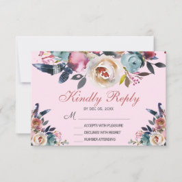 Tarjeta De Confirmación De Asistencia Elegante Boda Floral Azul Rosa Polvorienta Rosa RS