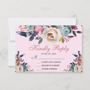 Tarjeta De Confirmación De Asistencia Elegante Boda Floral Azul Rosa Polvorienta Rosa RS