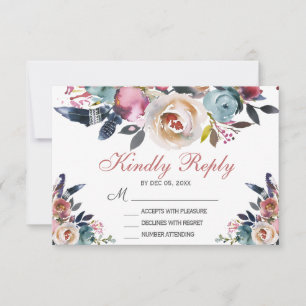 Tarjeta De Confirmación De Asistencia Elegante Boda Floral Azul Rosa Polvorienta Rosa RS