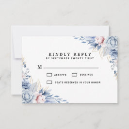 Tarjeta De Confirmación De Asistencia Elegante Boda floral azul y Rubor