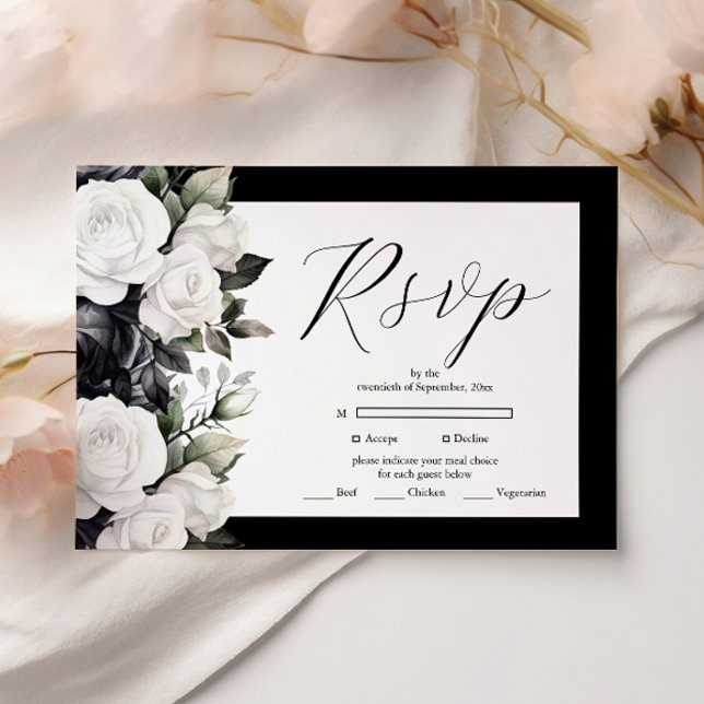 Tarjeta De Confirmación De Asistencia Elegante Boda floral blanco y negro (Subido por el creador)