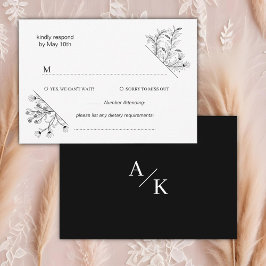 Tarjeta De Confirmación De Asistencia Elegante Boda floral blanco y negro