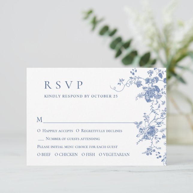 Tarjeta De Confirmación De Asistencia Elegante Boda floral Blue French Garden (Anverso de pie)