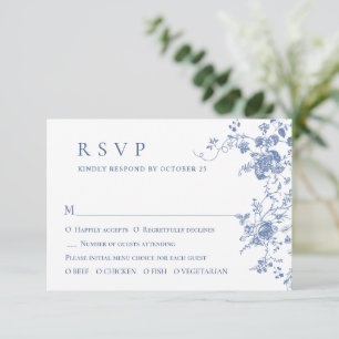 Tarjeta De Confirmación De Asistencia Elegante Boda floral Blue French Garden
