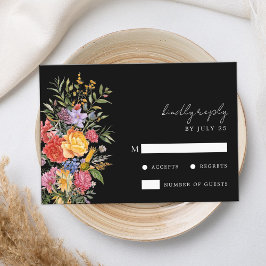 Tarjeta De Confirmación De Asistencia Elegante Boda floral Boho Black Dutch
