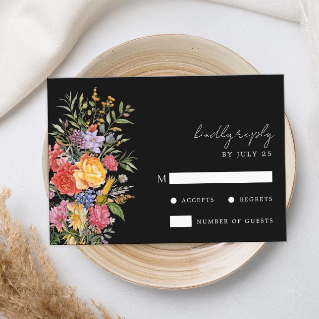 Tarjeta De Confirmación De Asistencia Elegante Boda floral Boho Black Dutch (Subido por el creador)