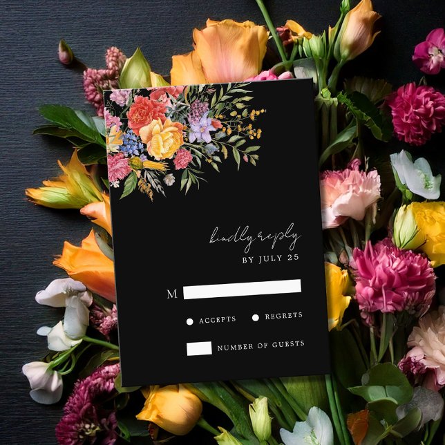 Tarjeta De Confirmación De Asistencia Elegante Boda floral Boho Black Dutch (Subido por el creador)
