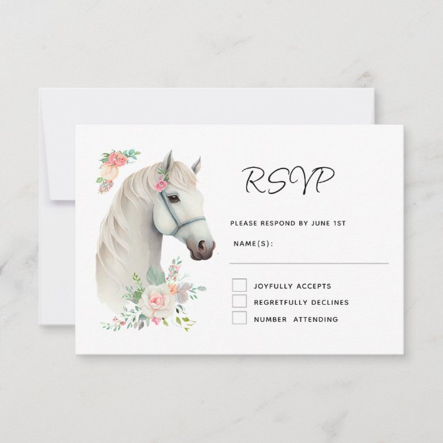 Tarjeta De Confirmación De Asistencia Elegante Boda Floral Boho de Caballo Blanco (Anverso)