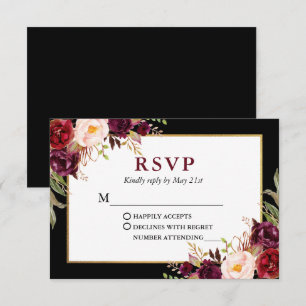 Tarjeta De Confirmación De Asistencia Elegante Boda Floral Borgoña Black Gold Frame