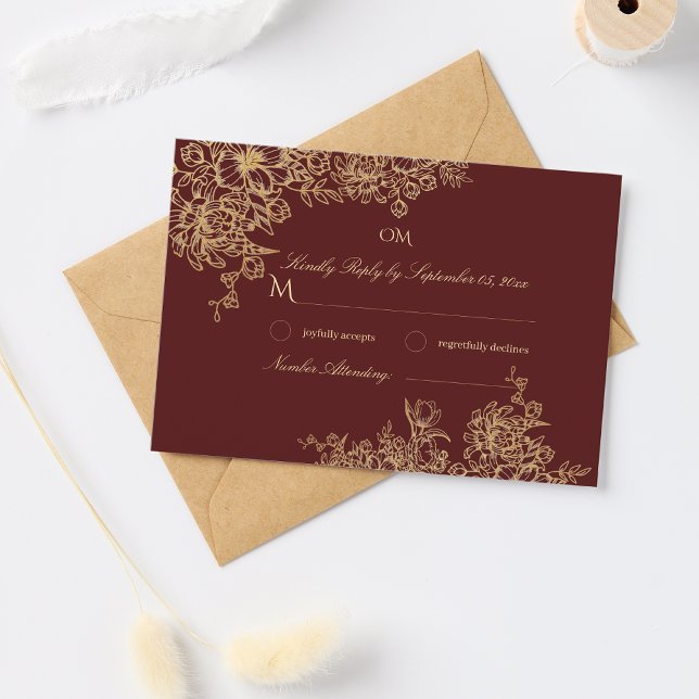 Tarjeta De Confirmación De Asistencia Elegante Boda floral Borgoña & Gold Garden (Subido por el creador)