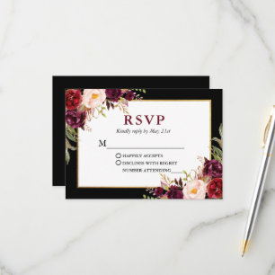 Tarjeta De Confirmación De Asistencia Elegante Boda Floral Burgundy Black Gold Frame
