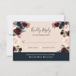 Tarjeta De Confirmación De Asistencia Elegante Boda floral de Borgoña, Rosa y Marina