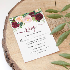 Tarjeta De Confirmación De Asistencia Elegante boda floral de burgundy y rosa